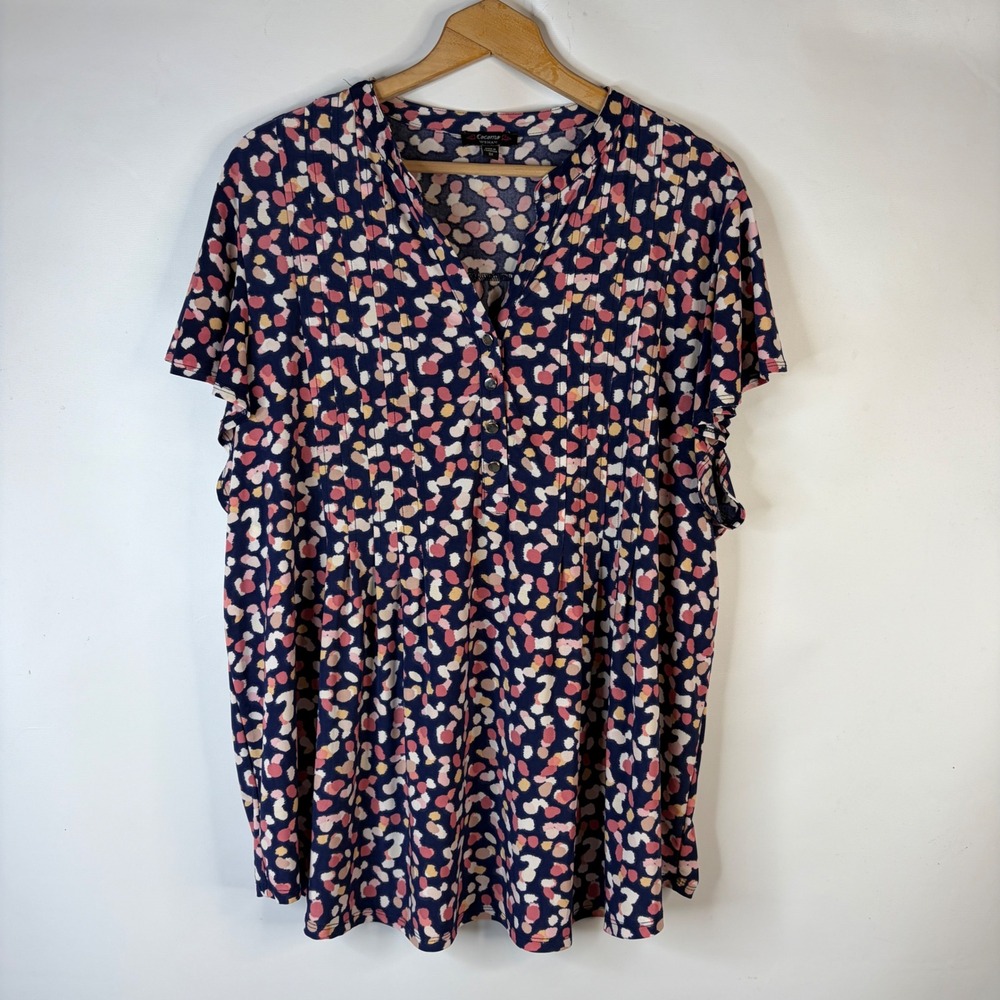 Cocomo Woman Tunic Top Women 3X Navy Blue Pink Abstract Dot Pleated Henley